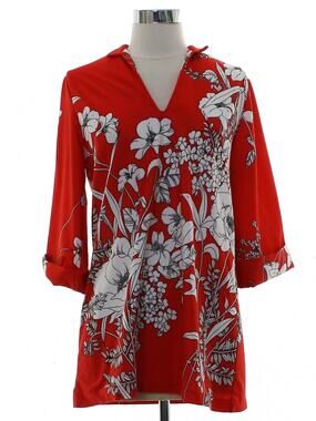 Vintage 80s Teddi Red White Floral Tricot Knit Tunic Top Women's S/M